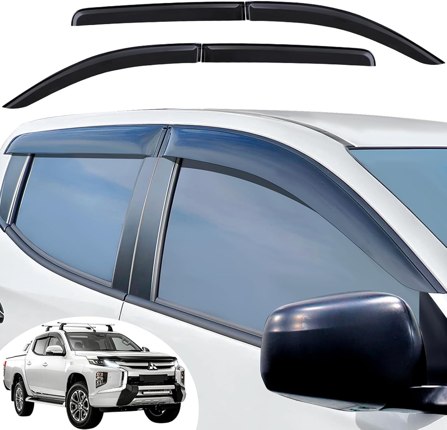 Mitsubishi Triton 2016 - 2023 (MQ and MR) Window Visors Set (4PCS, Black Opaque) | Weathershields / Door Visors / Monsoon Guards - No Drilling | Raindeflector.co.nz