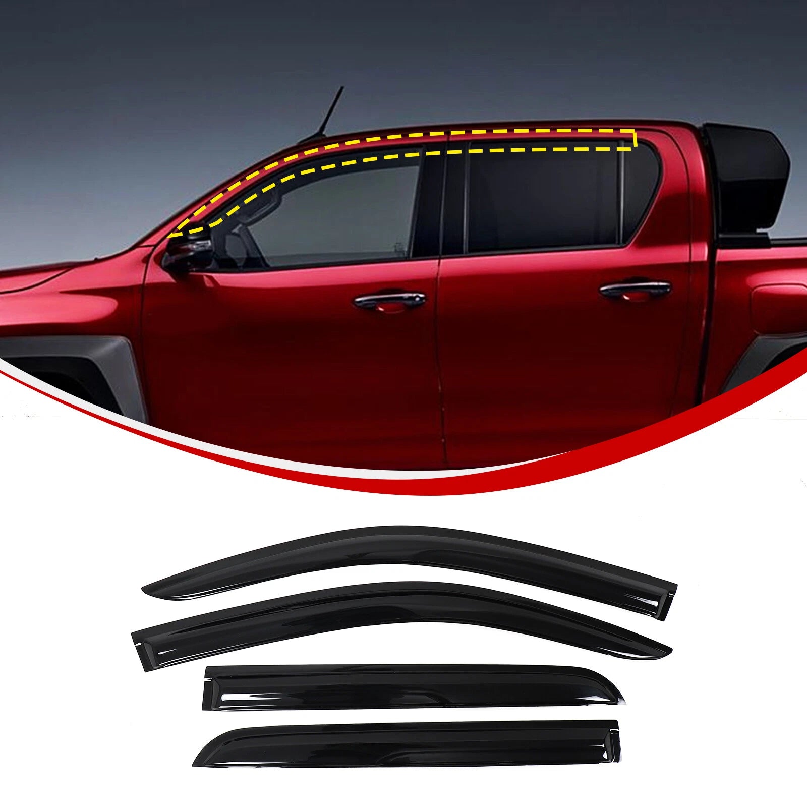 Toyota Hilux 2015–2025 Window Visors Set (4PCS, Black Opaque) | Weathershields / Door Visors / Monsoon Guards - No Drilling | Raindeflector.co.nz
