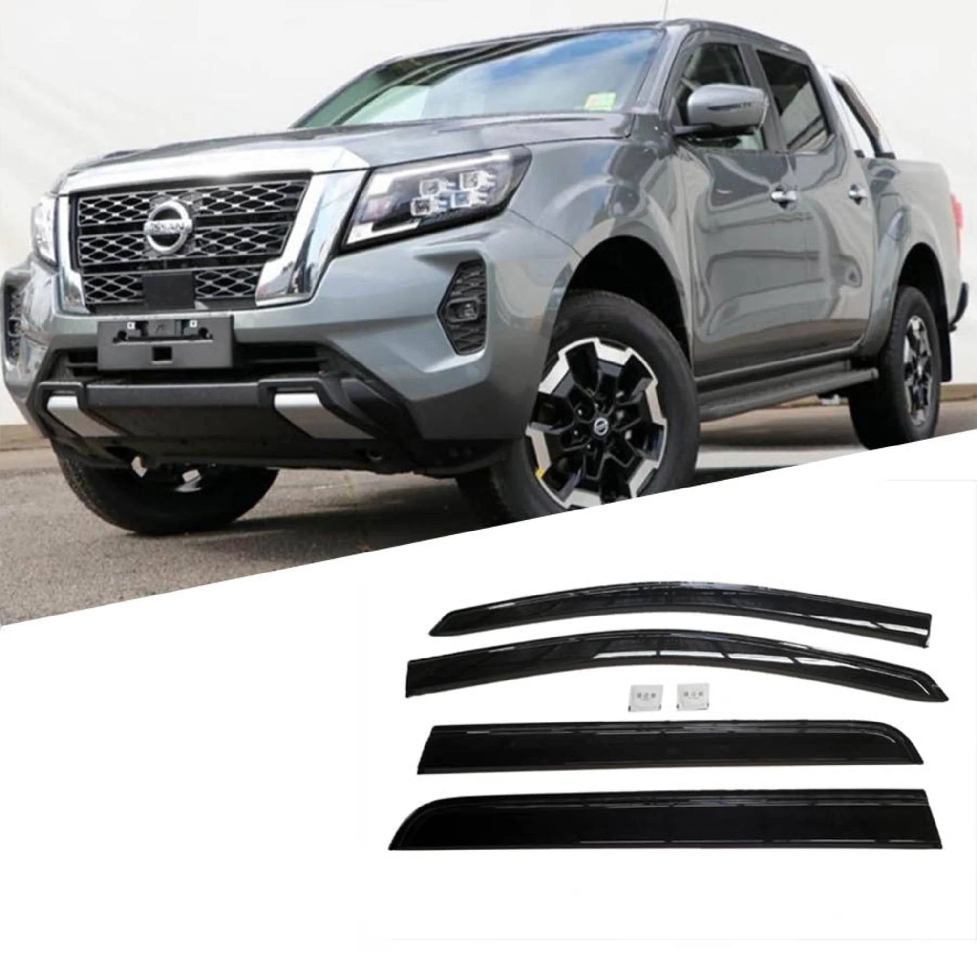 Nissan Navara (2015-2025) Window Visors Set (4PCS, Black Opaque) | Weathershields / Door Visors / Monsoon Guards - No Drilling | Raindeflector.co.nz