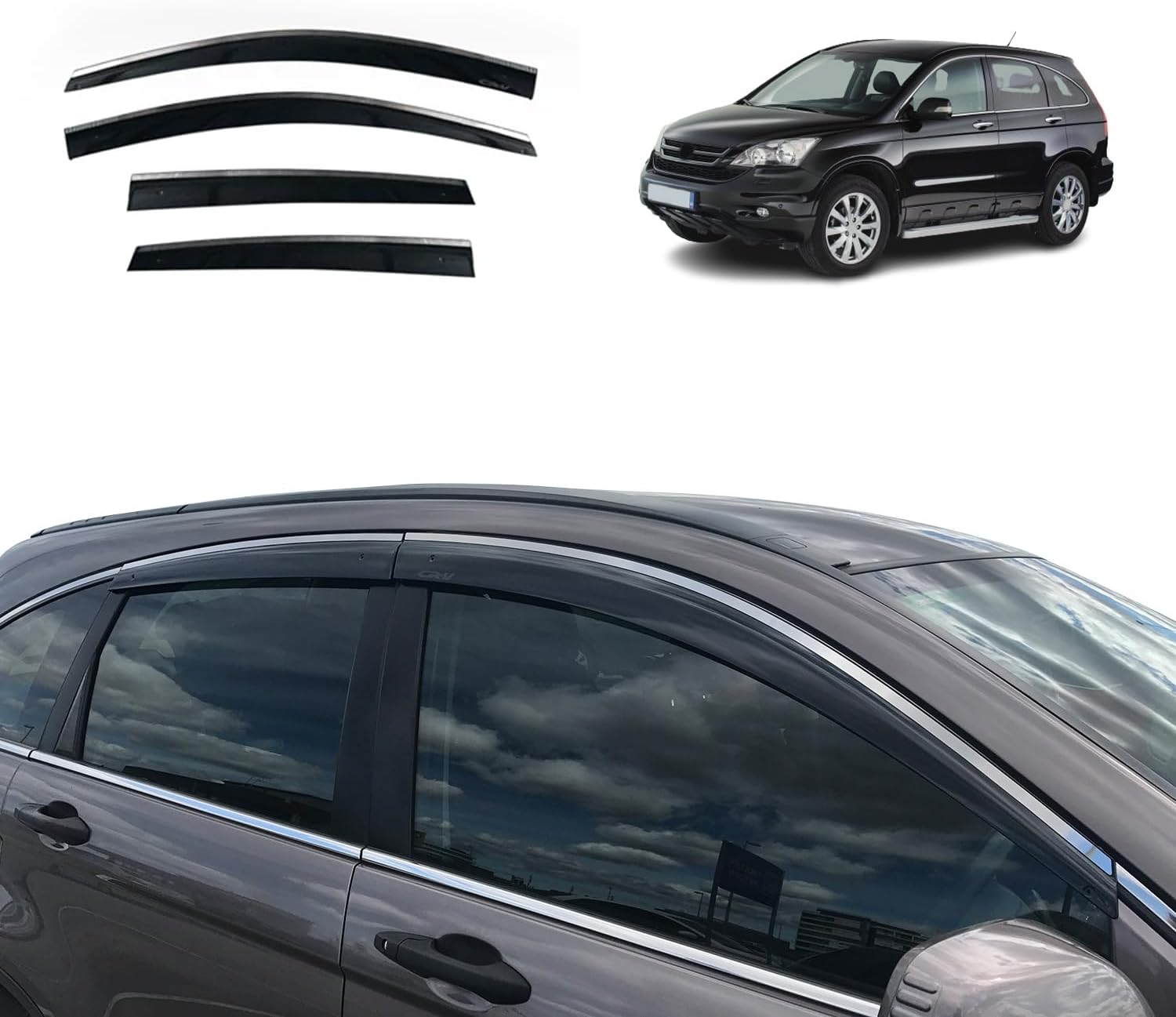 Honda CR-V MK3 2007-2012 Window Visors Set (4PCS, Black Opaque) | Weathershields / Door Visors / Monsoon Guards - No Drilling | Raindeflector.co.nz